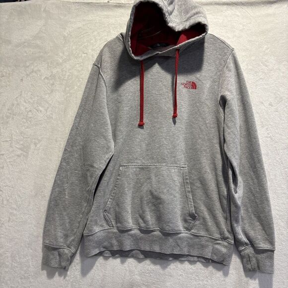 The North Face Men's Size Medium Gray Red Hoodie Sweatshirt Fleece Logo Outdoor - Picture 1 of 16